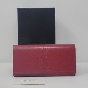 Saint Laurent Red Leather Long Wallet with Embossed YSL Logo